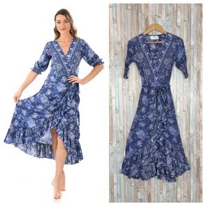 Walker & Wade XS Floral Paisley Napa Midi Wrap Dress Ruffle English Blue Boho